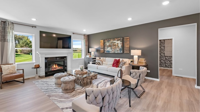 living room with light hardwood / wood-style flooring