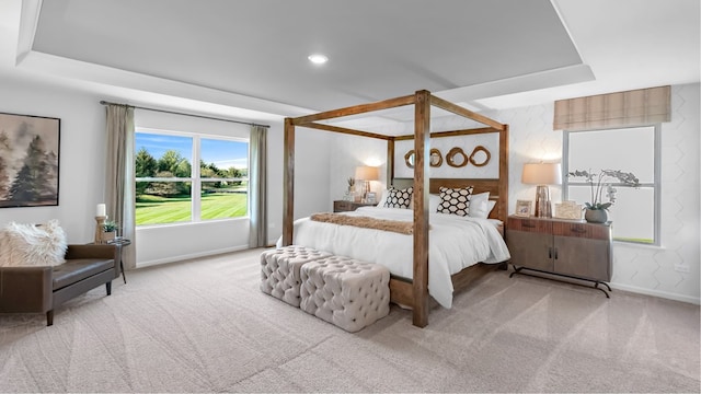 carpeted bedroom with a raised ceiling