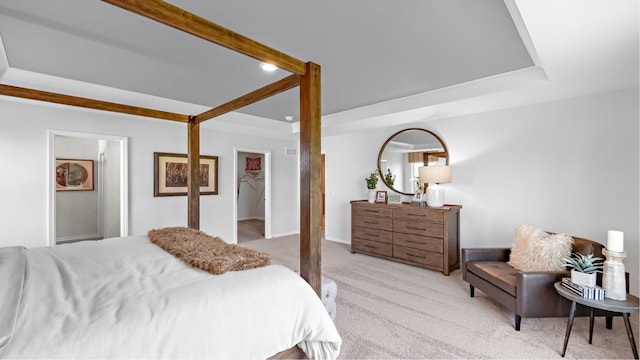 carpeted bedroom featuring a spacious closet, a tray ceiling, and a closet