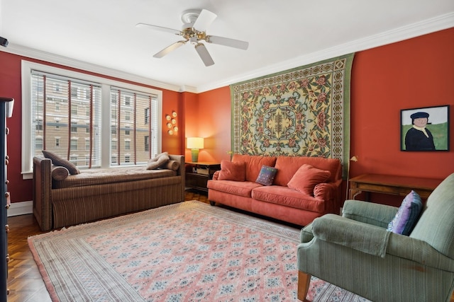 living room with ceiling fan, parquet flooring, and crown molding