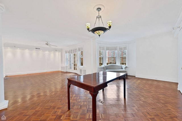1755 E 55th St Unit 804, Chicago, IL 60615 - office featuring baseboards, a ceiling fan, ornamental molding, and a chandelier