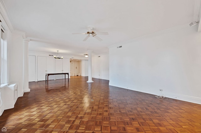 1755 E 55th St Unit 804, Chicago, IL 60615 - unfurnished room with ornate columns, a chandelier, ceiling fan, baseboards, and ornamental molding