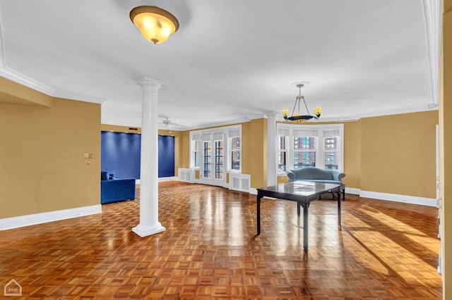 game room featuring ceiling fan, parquet flooring, and crown molding