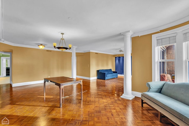 rec room with ceiling fan, parquet floors, ornamental molding, and ornate columns