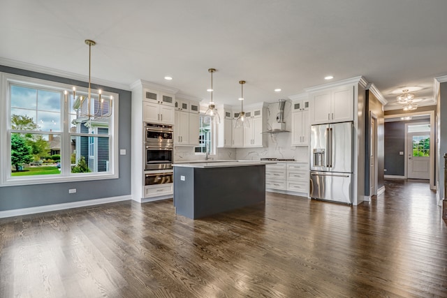 kitchen with a kitchen island, dark hardwood / wood-style floors, stainless steel appliances, and premium range hood