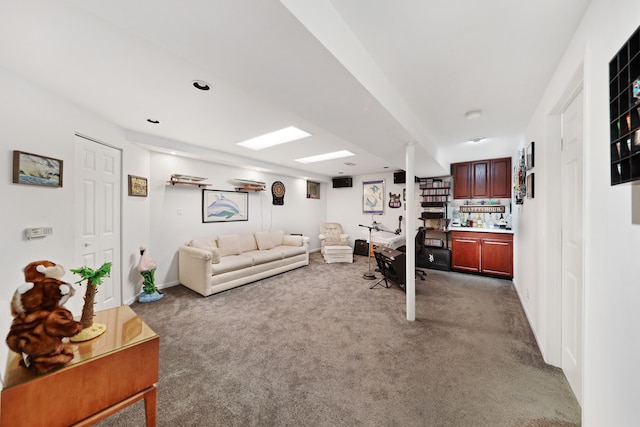 living room featuring light carpet