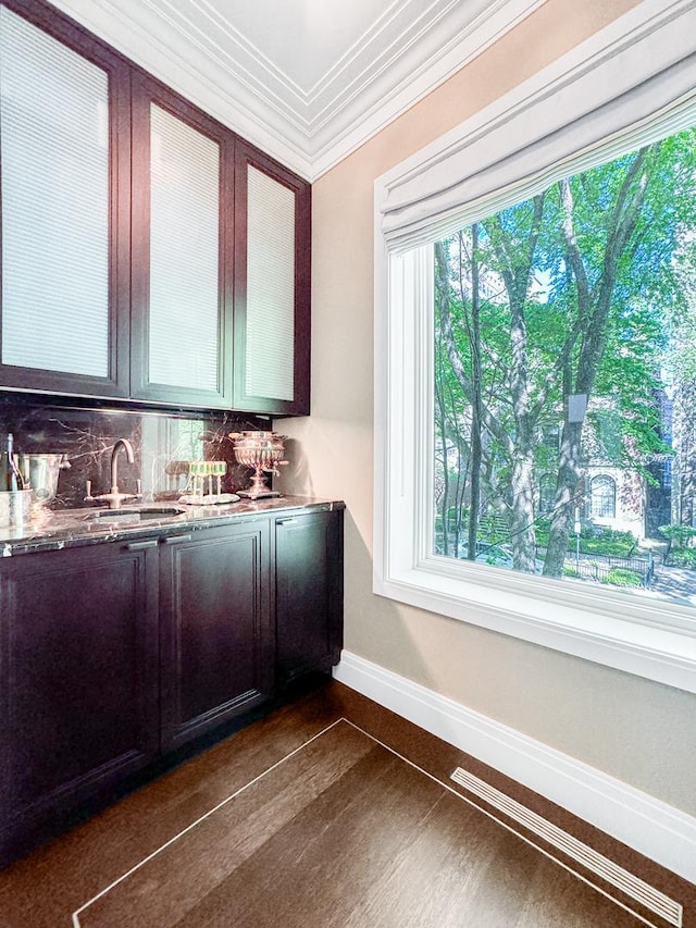 bar featuring plenty of natural light, baseboards, dark wood-style flooring, and ornamental molding