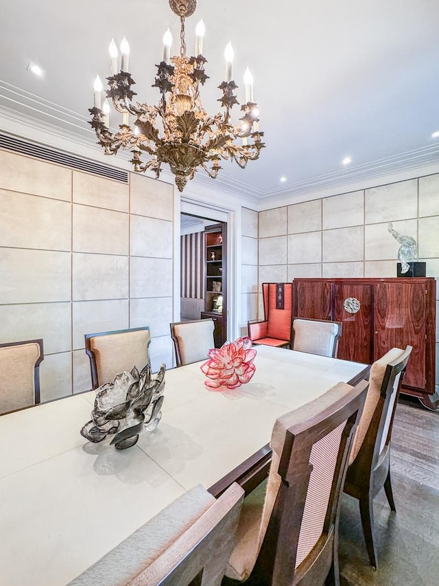 dining area with recessed lighting, a chandelier, tile walls, and ornamental molding