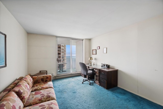 carpeted office featuring expansive windows and baseboard heating