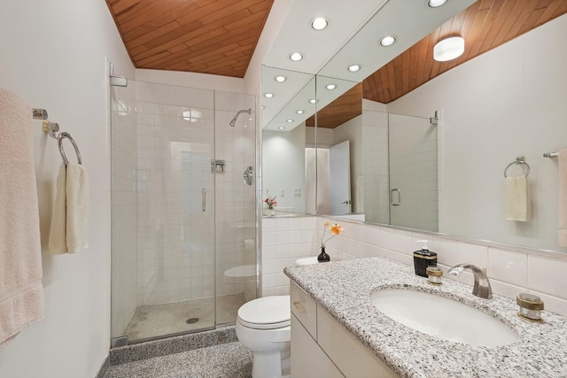 full bathroom featuring wooden ceiling, a shower stall, toilet, and vanity