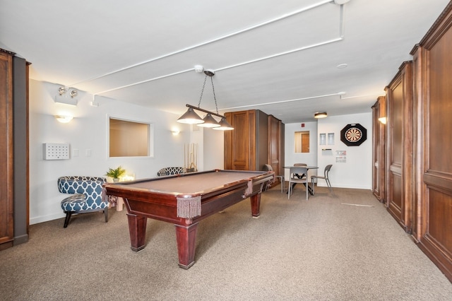 game room featuring carpet, pool table, and baseboards