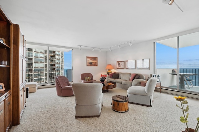 living room featuring a wall of windows, track lighting, and light colored carpet