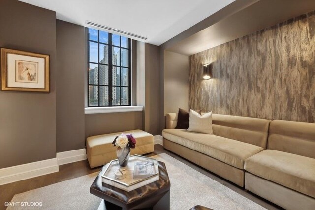 living room with dark wood-type flooring