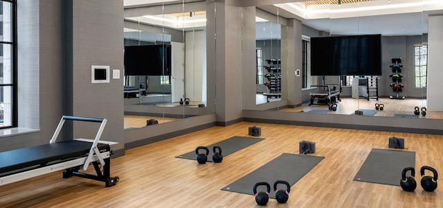 workout area featuring hardwood / wood-style floors and a tray ceiling