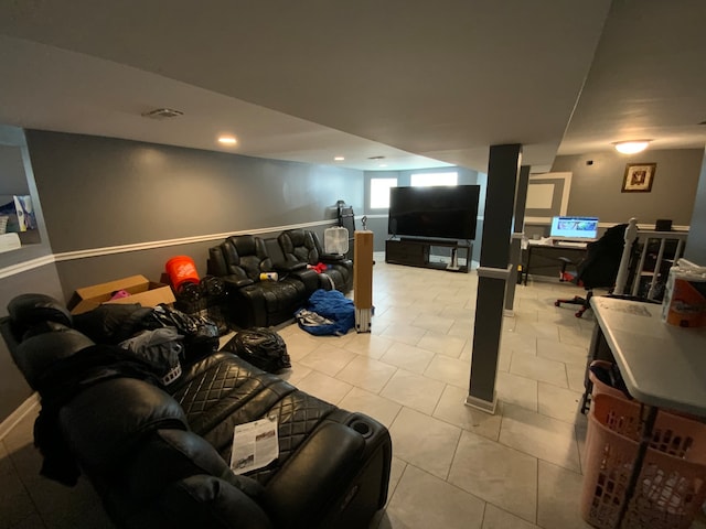 living room featuring light tile patterned flooring