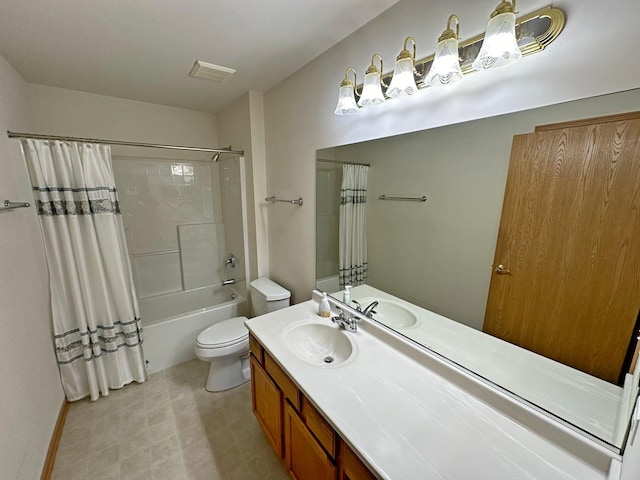 full bathroom featuring vanity, shower / bath combo, and toilet