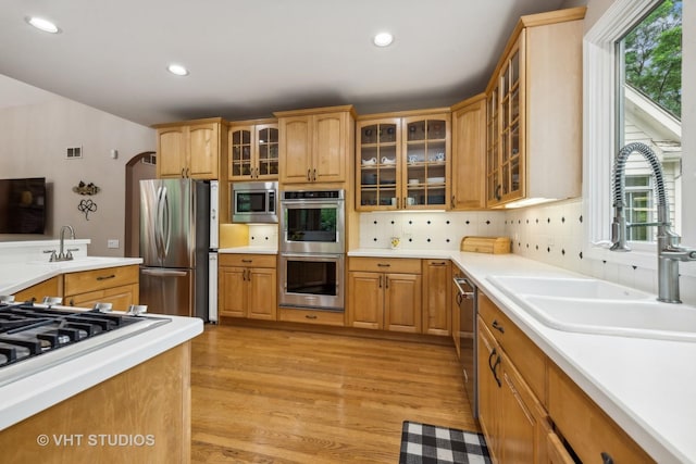 kitchen with sink, light hardwood / wood-style flooring, decorative backsplash, plenty of natural light, and stainless steel appliances