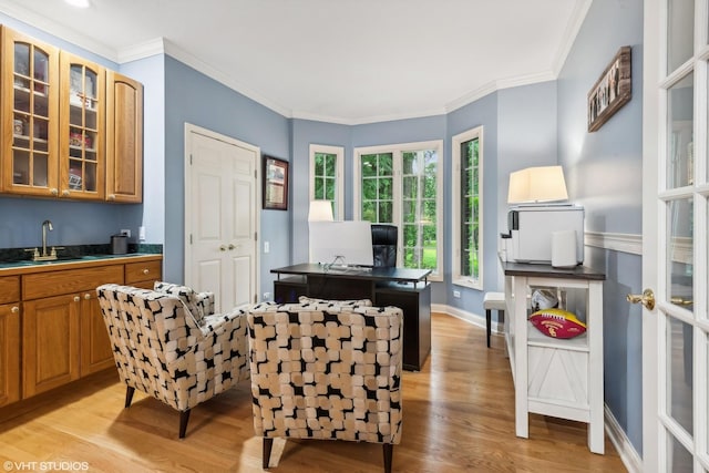 office space with sink, ornamental molding, and light wood-type flooring