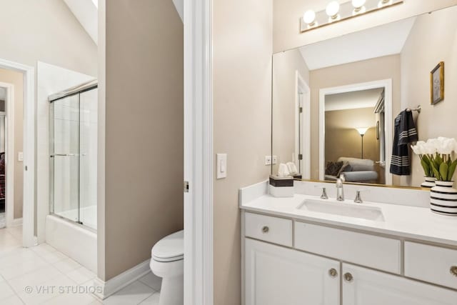 full bathroom featuring combined bath / shower with glass door, tile patterned floors, vanity, toilet, and lofted ceiling