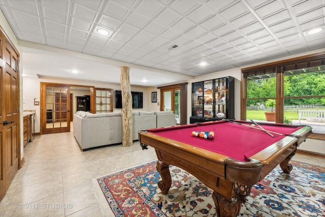 playroom featuring a healthy amount of sunlight, pool table, and french doors