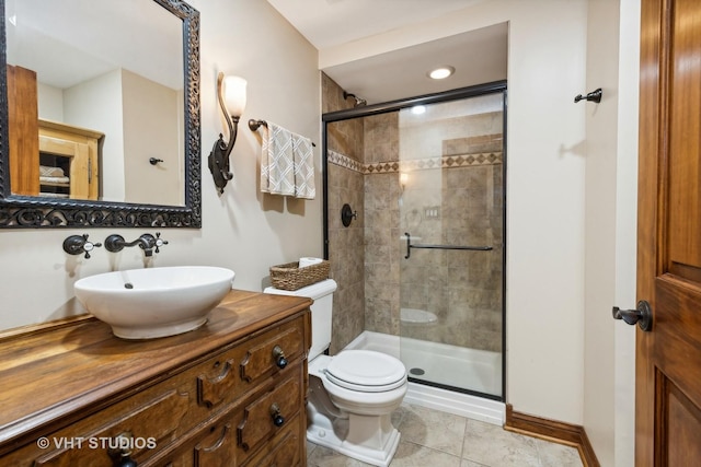 bathroom with tile patterned flooring, vanity, toilet, and a shower with door