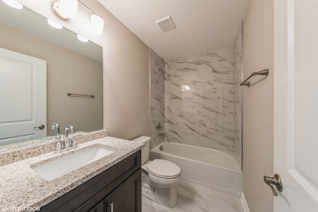 full bathroom with vanity, tiled shower / bath combo, toilet, and tile patterned floors