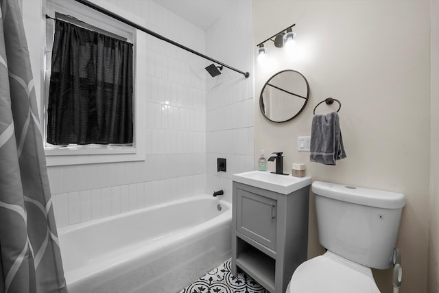 full bathroom with toilet, shower / tub combo with curtain, vanity, and tile patterned floors