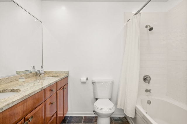 full bathroom featuring shower / tub combo with curtain, toilet, tile patterned floors, and dual bowl vanity