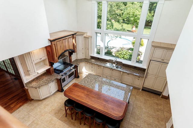 kitchen featuring cream cabinets, sink, light stone countertops, and light tile patterned floors