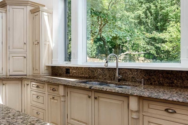 details featuring stone counters and sink