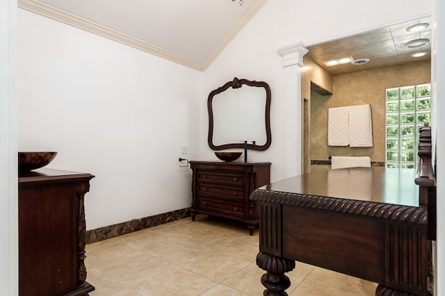 bathroom with crown molding, ornate columns, and tile patterned floors