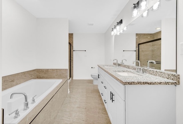 full bathroom featuring toilet, tile patterned floors, shower with separate bathtub, and double vanity