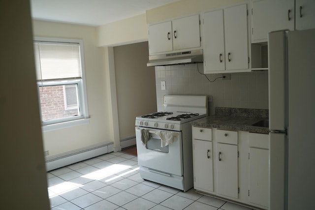 kitchen featuring white appliances, backsplash, a baseboard radiator, light tile patterned flooring, and white cabinetry