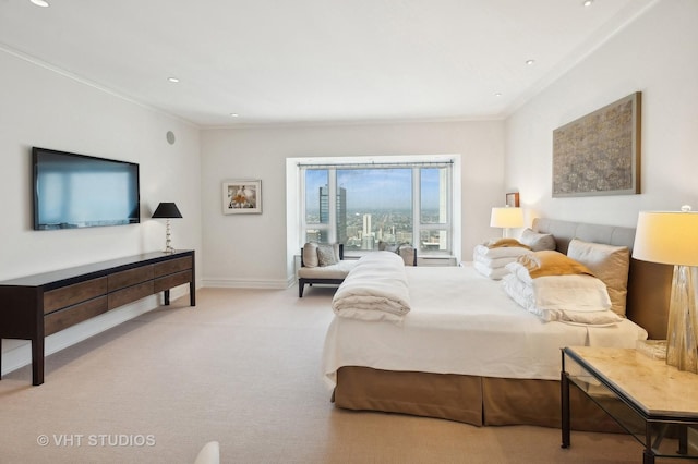 bedroom with light carpet and ornamental molding