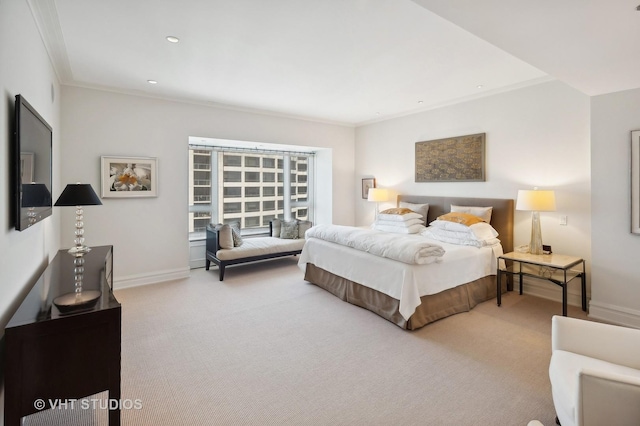 carpeted bedroom featuring ornamental molding