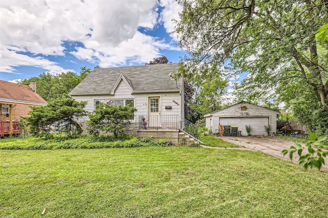 bungalow-style house with a garage, a front lawn, and an outdoor structure