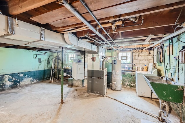 basement with independent washer and dryer, sink, electric panel, and water heater