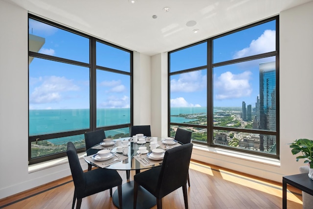 dining space featuring hardwood / wood-style floors and a water view