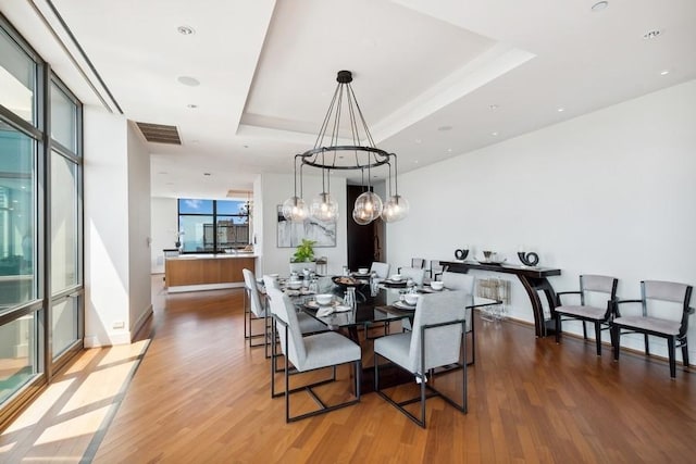 dining space with expansive windows, hardwood / wood-style flooring, a raised ceiling, and plenty of natural light