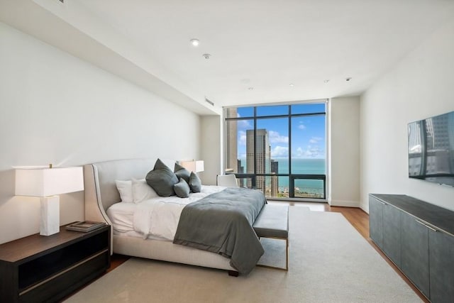 bedroom featuring light wood-type flooring and expansive windows