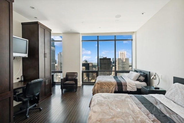 bedroom featuring floor to ceiling windows and dark hardwood / wood-style flooring