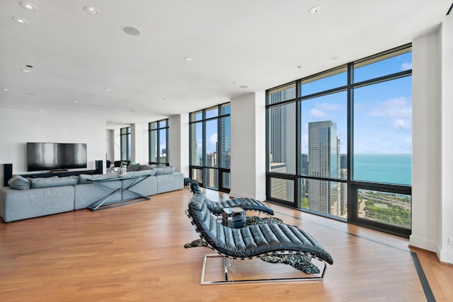 living room with a water view, light hardwood / wood-style floors, and a wall of windows