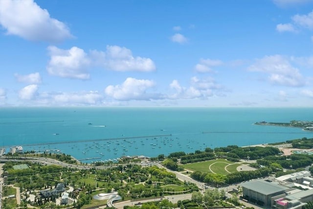 birds eye view of property featuring a water view