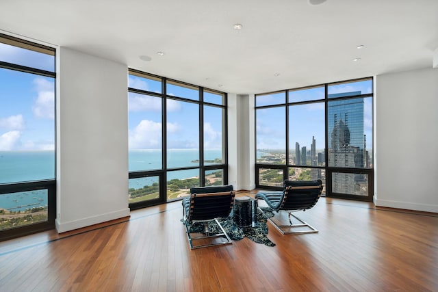 living area with floor to ceiling windows, a water view, and wood-type flooring