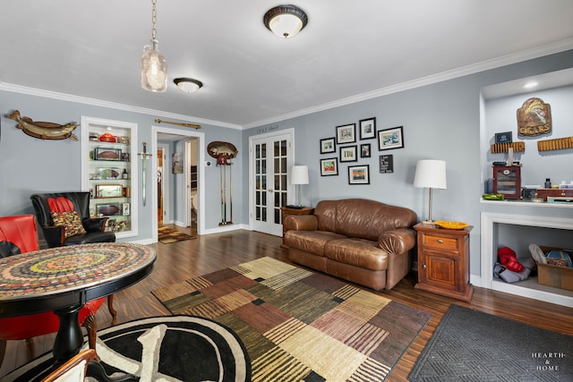 living room with crown molding, french doors, and dark hardwood / wood-style flooring