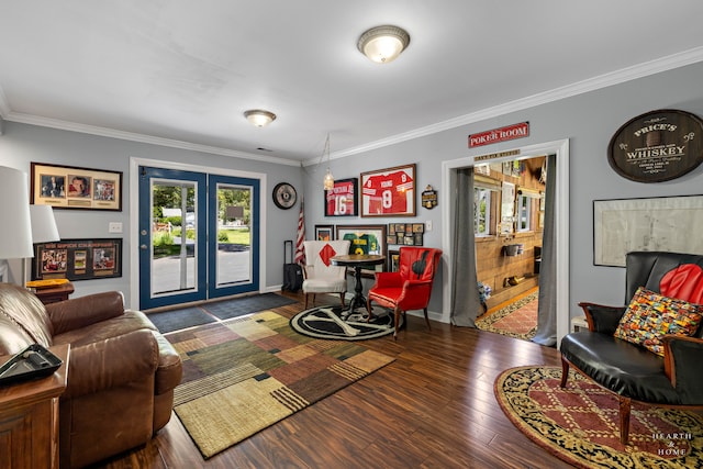 living room featuring crown molding, french doors, and dark hardwood / wood-style flooring