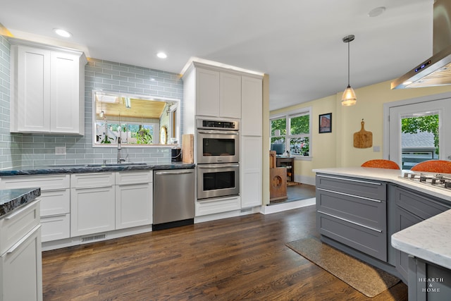 kitchen featuring dark wood-type flooring, a healthy amount of sunlight, backsplash, and stainless steel appliances