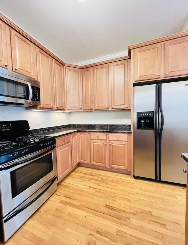 kitchen with dark stone counters, appliances with stainless steel finishes, and light hardwood / wood-style flooring