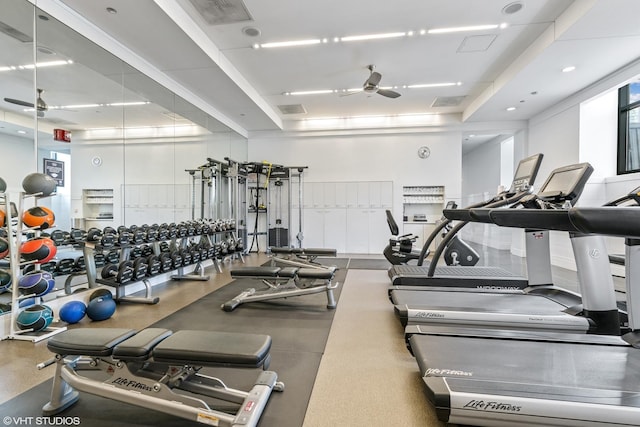 gym featuring ceiling fan