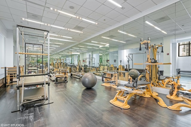 workout area featuring hardwood / wood-style floors and a paneled ceiling